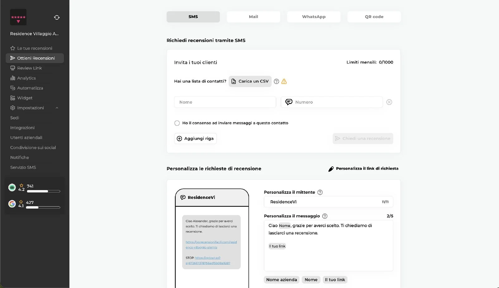 Dashboard Recensioni Facili: richieste di recensione via SMS, mail, WhatsApp e QR code
